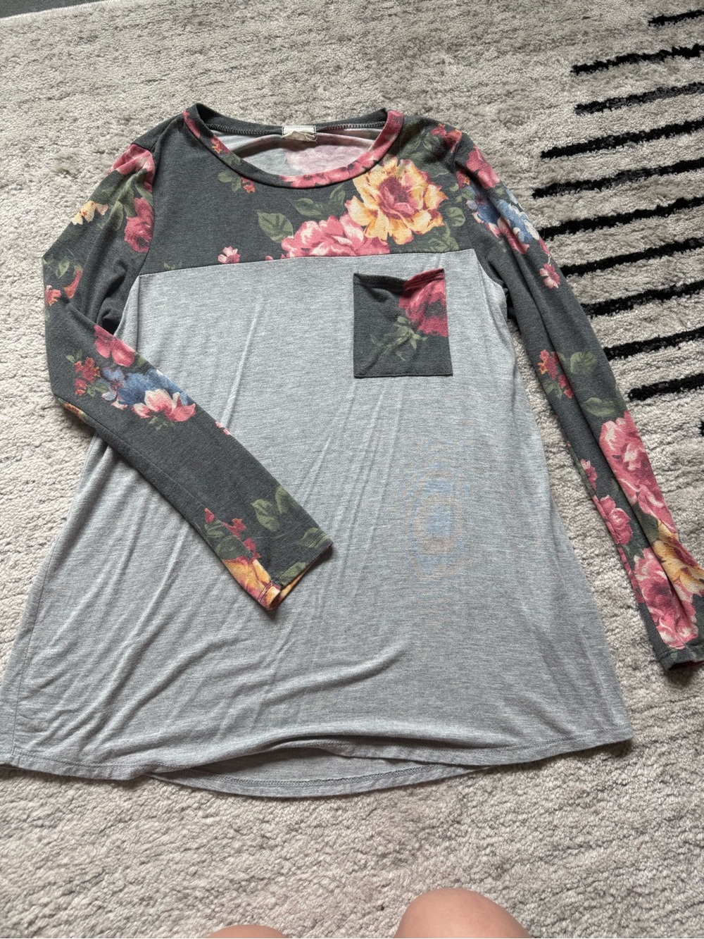 Lovely Melody Gray Long-Sleeve Top with Floral Yoke and Pocket